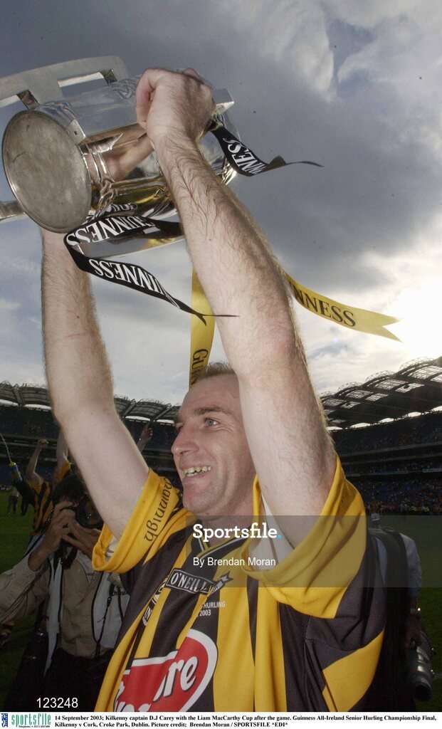14 September 2003; Kilkenny captain D.J Carey with the Liam MacCarthy Cup after the game. Guinness All-Ireland Senior Hurling Championship Final, Kilkenny v Cork, Croke Park, Dublin. Picture credit;  Brendan Moran / SPORTSFILE *EDI*