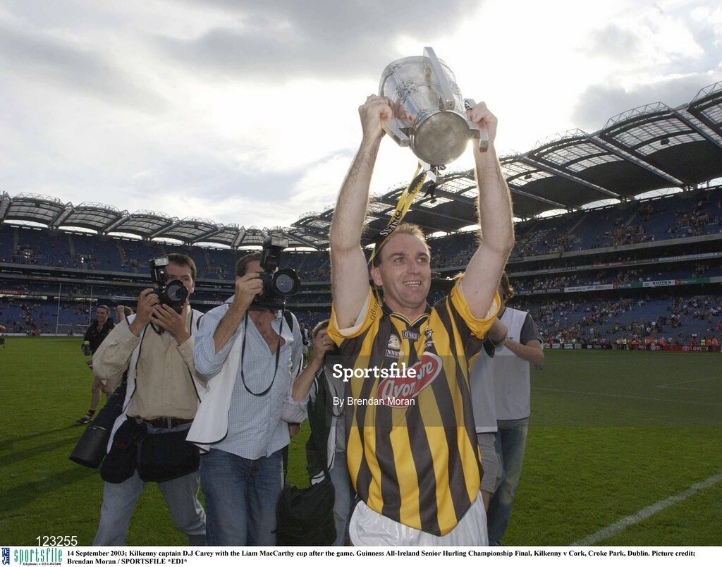 14 September 2003; Kilkenny captain D.J Carey with the Liam MacCarthy cup after the game. Guinness All-Ireland Senior Hurling Championship Final, Kilkenny v Cork, Croke Park, Dublin. Picture credit;  Brendan Moran / SPORTSFILE *EDI*