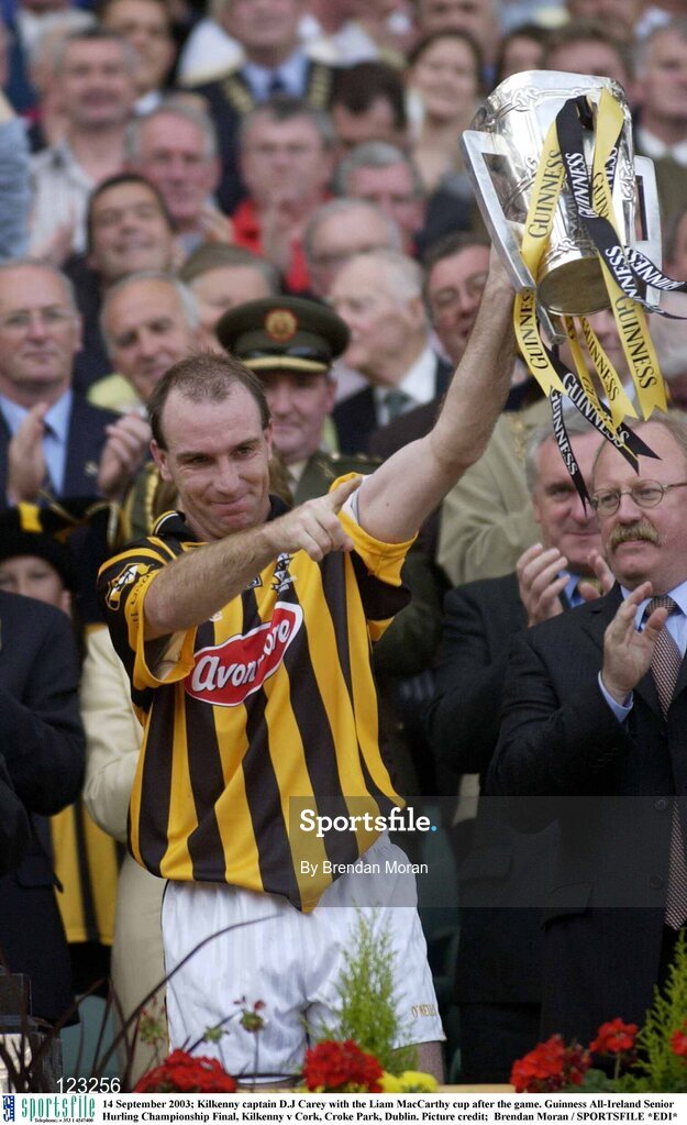 14 September 2003; Kilkenny captain D.J Carey with the Liam MacCarthy cup after the game. Guinness All-Ireland Senior Hurling Championship Final, Kilkenny v Cork, Croke Park, Dublin. Picture credit;  Brendan Moran / SPORTSFILE *EDI*