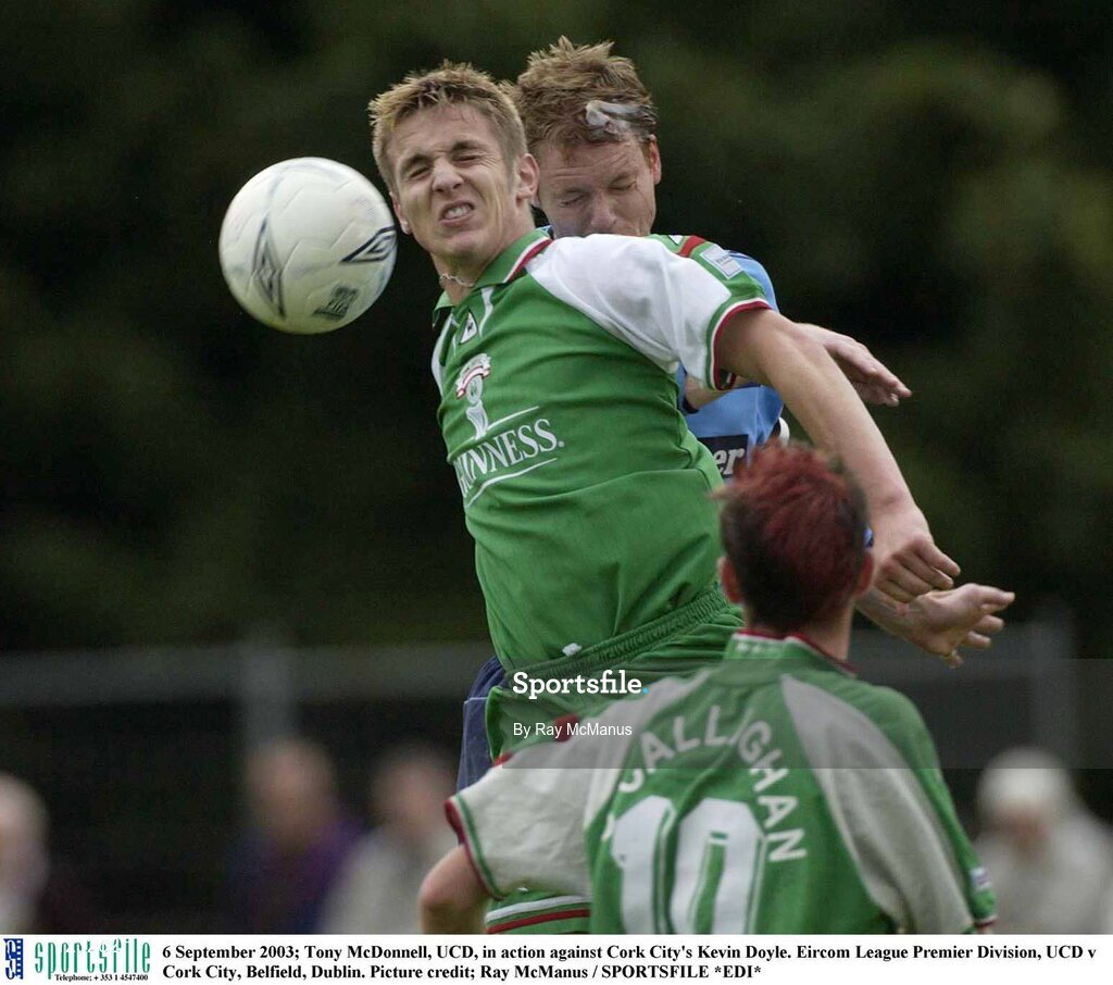 6 September 2003; Tony McDonnell, UCD, in action against Cork City's Kevin Doyle. Eircom League Premier Division, UCD v Cork City, Belfield, Dublin. Picture credit; Ray McManus / SPORTSFILE *EDI*