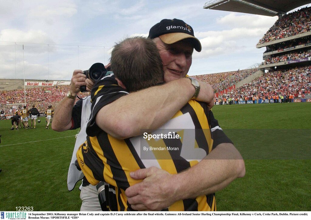 14 September 2003; Kilkenny manager Brian Cody and captain D.J Carey celebrate after the final whistle. Guinness All-Ireland Senior Hurling Championship Final, Kilkenny v Cork, Croke Park, Dublin. Picture credit;  Brendan Moran / SPORTSFILE *EDI*