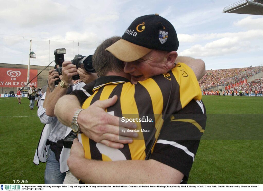 14 September 2003; Kilkenny manager Brian Cody and captain D.J Carey celebrate after the final whistle. Guinness All-Ireland Senior Hurling Championship Final, Kilkenny v Cork, Croke Park, Dublin. Picture credit;  Brendan Moran / SPORTSFILE *EDI*