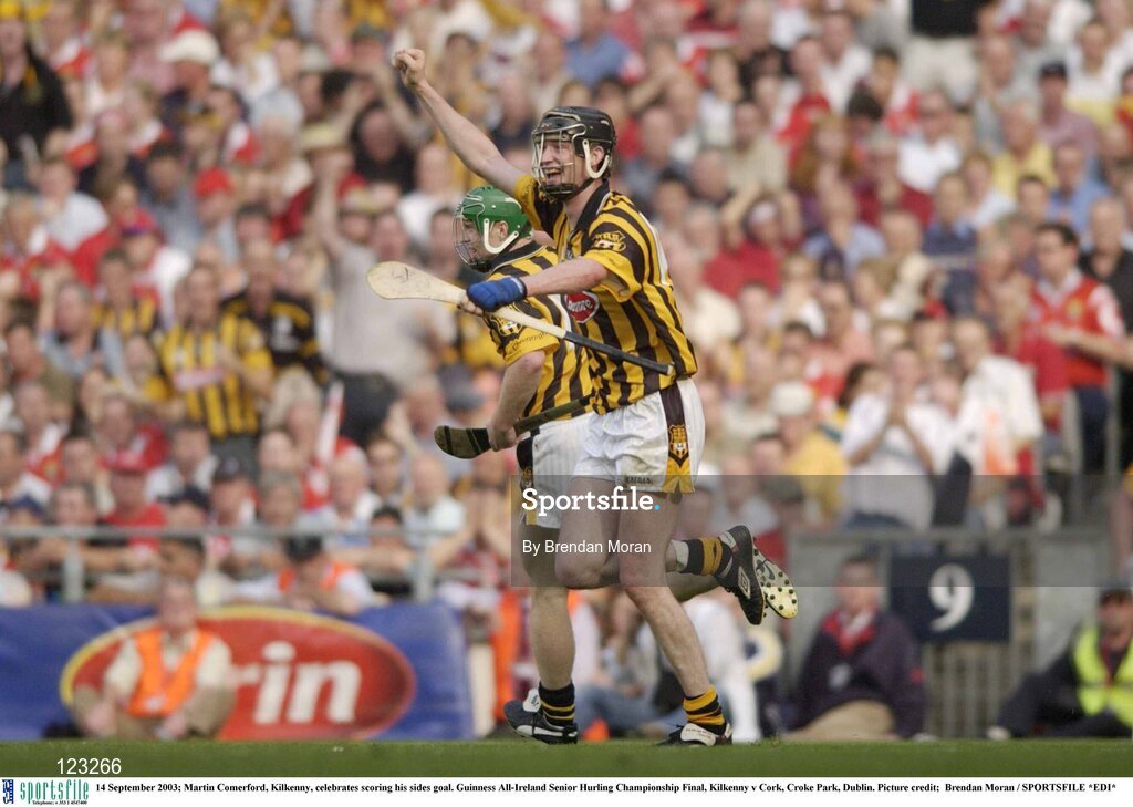 14 September 2003; Martin Comerford, Kilkenny, celebrates scoring his sides goal. Guinness All-Ireland Senior Hurling Championship Final, Kilkenny v Cork, Croke Park, Dublin. Picture credit;  Brendan Moran / SPORTSFILE *EDI*