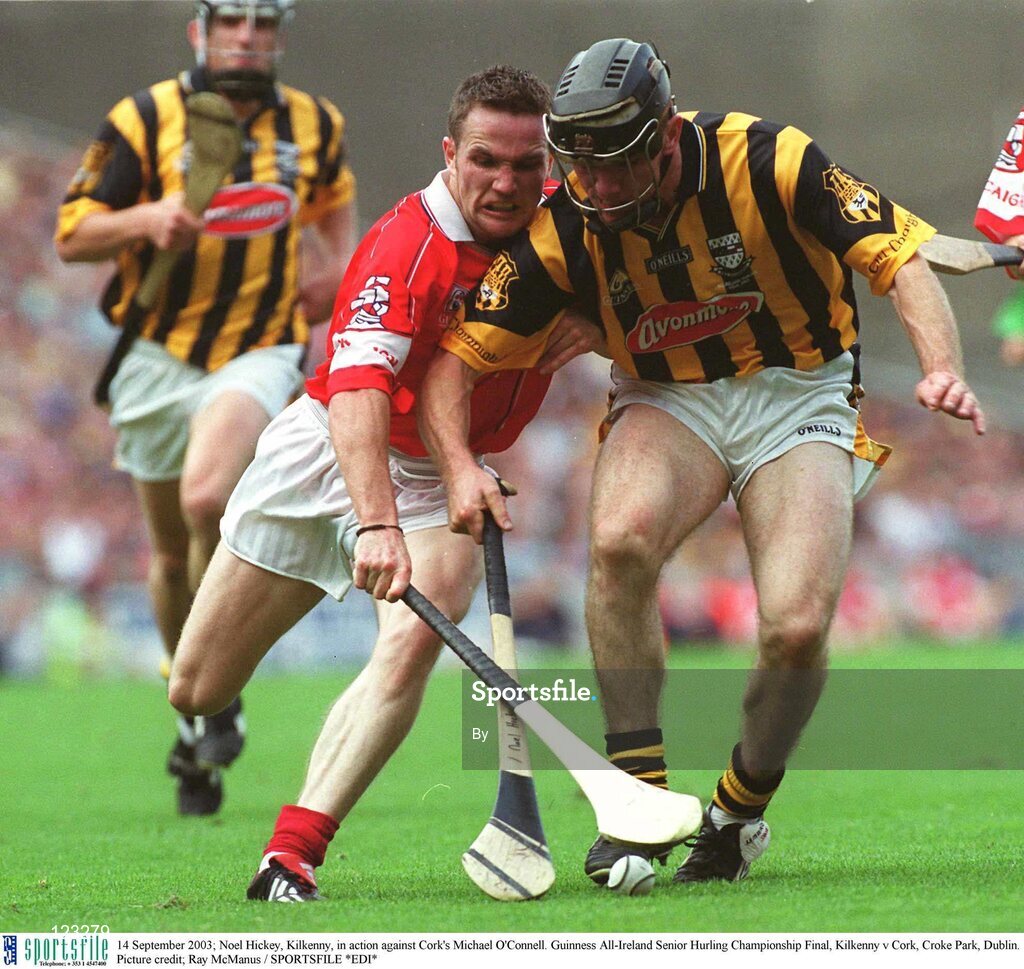 14 September 2003; Noel Hickey, Kilkenny, in action against Cork's Michael O'Connell. Guinness All-Ireland Senior Hurling Championship Final, Kilkenny v Cork, Croke Park, Dublin. Picture credit; Ray McManus / SPORTSFILE *EDI*