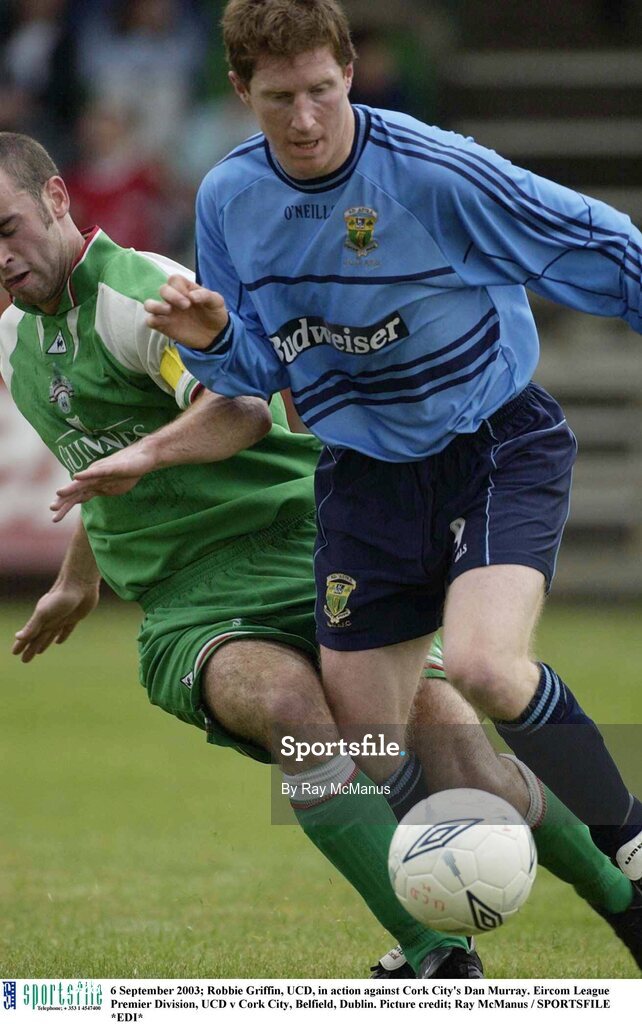 6 September 2003; Robbie Griffin, UCD, in action against Cork City's Dan Murray. Eircom League Premier Division, UCD v Cork City, Belfield, Dublin. Picture credit; Ray McManus / SPORTSFILE *EDI*
