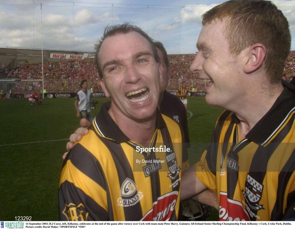 14 September 2003; D.J Carey, left, Kilkenny, celebrates at the end of the game after victory over Cork with team-mate Peter Barry. Guinness All-Ireland Senior Hurling Championship Final, Kilkenny v Cork, Croke Park, Dublin. Picture credit; David Maher / SPORTSFILE *EDI*