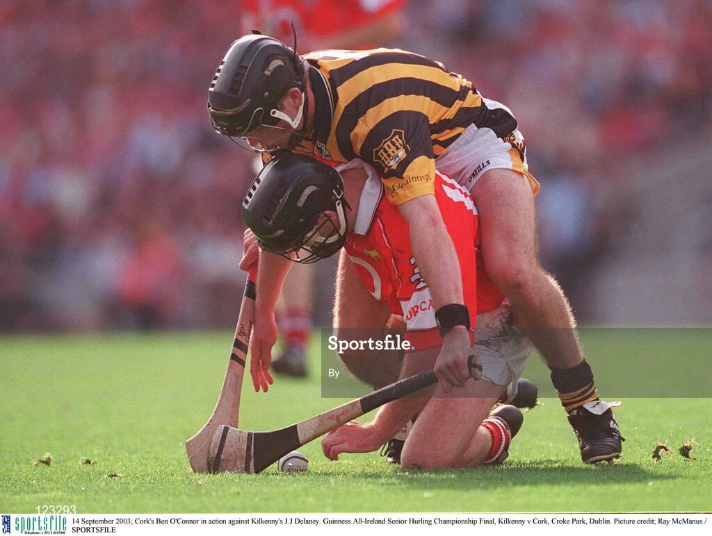 14 September 2003; Cork's Ben O'Connor in action against Kilkenny's J.J Delaney. Guinness All-Ireland Senior Hurling Championship Final, Kilkenny v Cork, Croke Park, Dublin. Picture credit; Ray McManus / SPORTSFILE