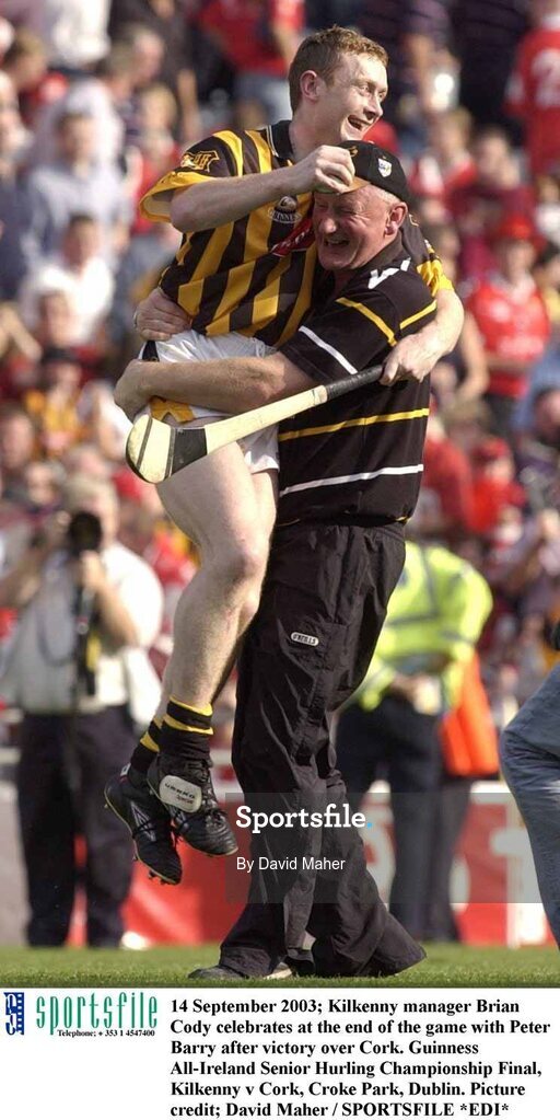 14 September 2003; Kilkenny manager Brian Cody celebrates at the end of the game with Peter Barry after victory over Cork. Guinness All-Ireland Senior Hurling Championship Final, Kilkenny v Cork, Croke Park, Dublin. Picture credit; David Maher / SPORTSFILE *EDI*