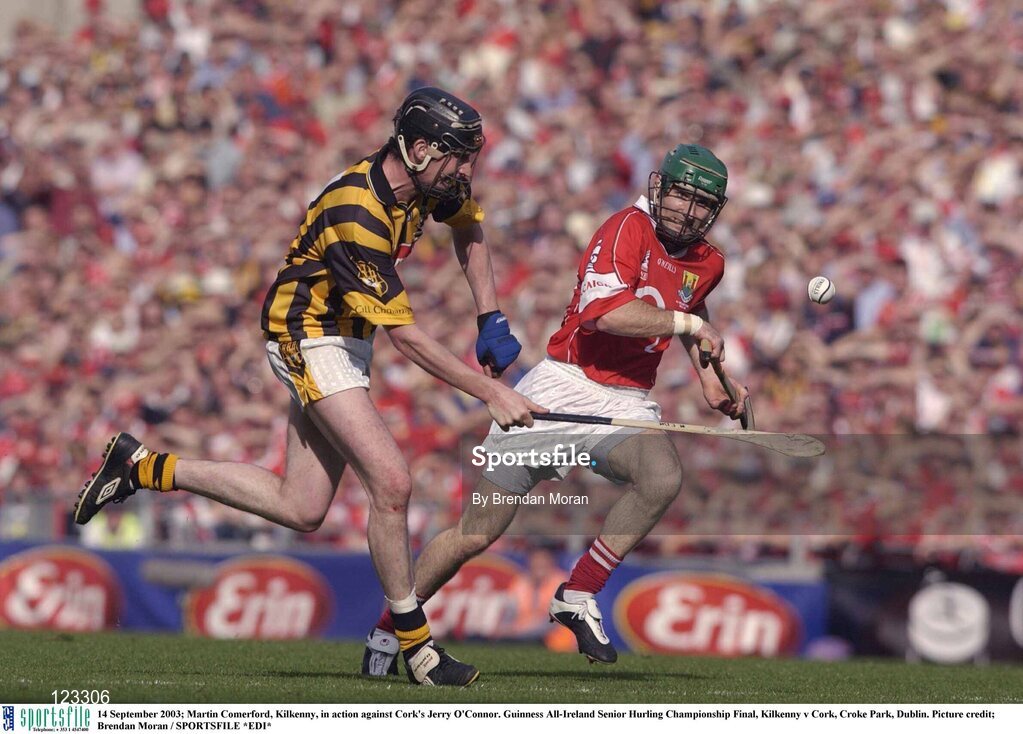 14 September 2003; Martin Comerford, Kilkenny, in action against Cork's Jerry O'Connor. Guinness All-Ireland Senior Hurling Championship Final, Kilkenny v Cork, Croke Park, Dublin. Picture credit;  Brendan Moran / SPORTSFILE *EDI*