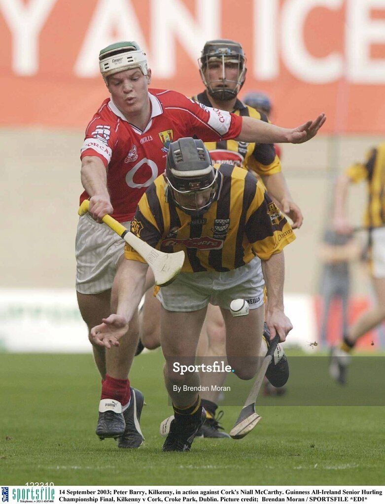 14 September 2003; Peter Barry, Kilkenny, in action against Cork's Niall McCarthy. Guinness All-Ireland Senior Hurling Championship Final, Kilkenny v Cork, Croke Park, Dublin. Picture credit;  Brendan Moran / SPORTSFILE *EDI*