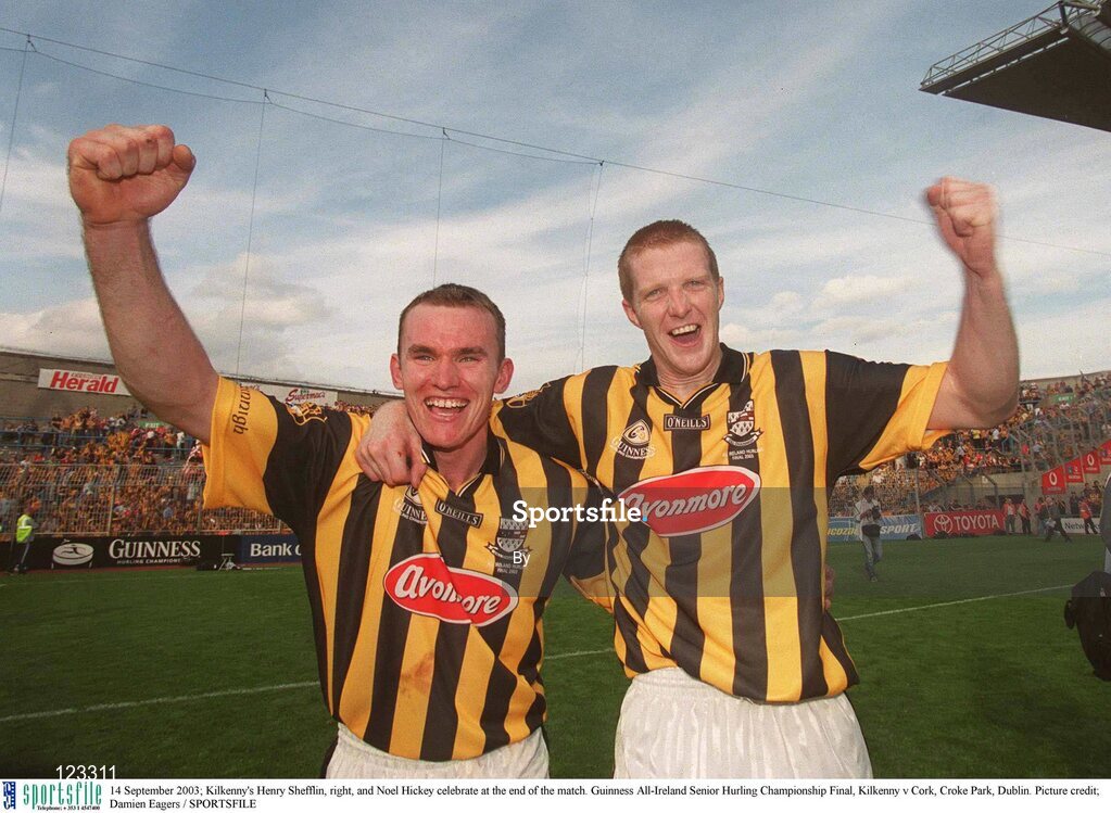14 September 2003; Kilkenny's Henry Shefflin, right, and Noel Hickey celebrate at the end of the match. Guinness All-Ireland Senior Hurling Championship Final, Kilkenny v Cork, Croke Park, Dublin. Picture credit; Damien Eagers / SPORTSFILE