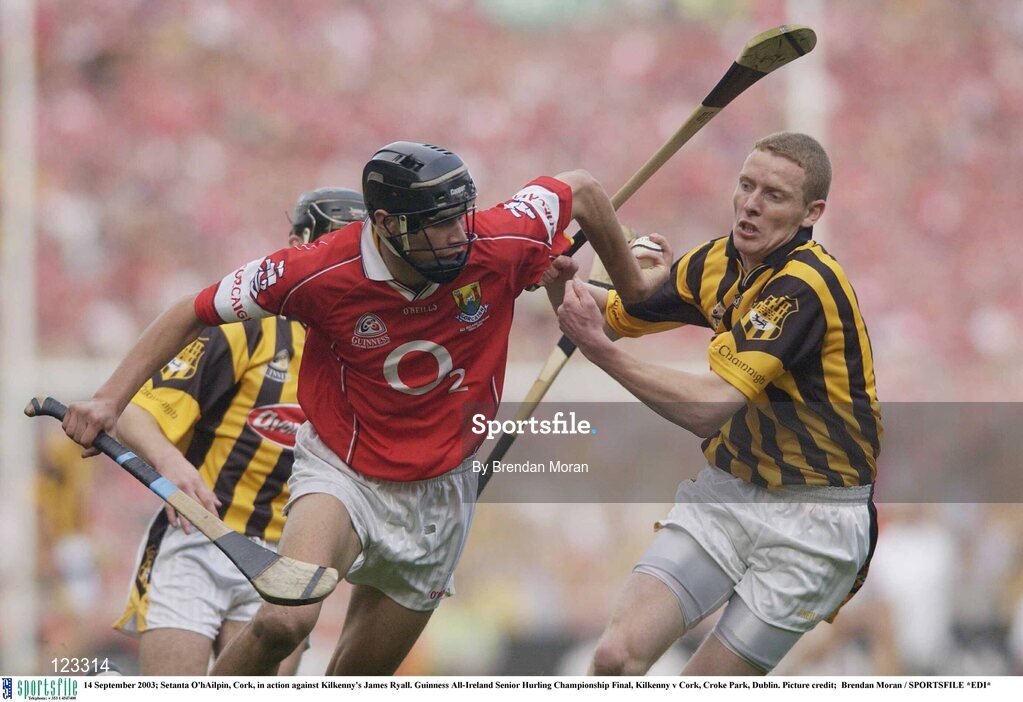 14 September 2003; Setanta O'hAilpin, Cork, in action against Kilkenny's James Ryall. Guinness All-Ireland Senior Hurling Championship Final, Kilkenny v Cork, Croke Park, Dublin. Picture credit;  Brendan Moran / SPORTSFILE *EDI*