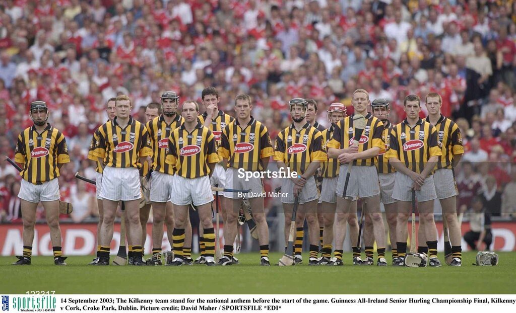 14 September 2003; The Kilkenny team stand for the national anthem before the start of the game. Guinness All-Ireland Senior Hurling Championship Final, Kilkenny v Cork, Croke Park, Dublin. Picture credit; David Maher / SPORTSFILE *EDI*