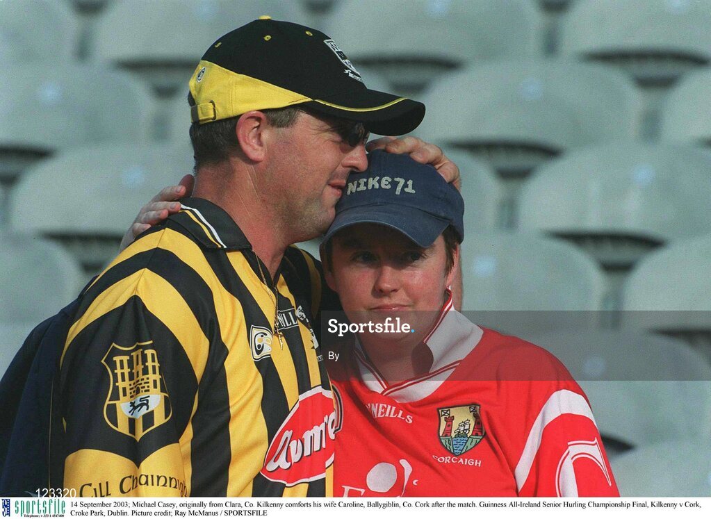 14 September 2003; Michael Casey, originally from Clara, Co. Kilkenny comforts his wife Caroline, Ballygiblin, Co. Cork after the match. Guinness All-Ireland Senior Hurling Championship Final, Kilkenny v Cork, Croke Park, Dublin. Picture credit; Ray McManus / SPORTSFILE