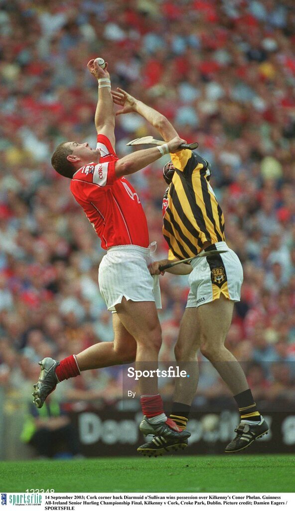 14 September 2003; Cork corner back Diarmuid o'Sullivan wins possession over Kilkenny's Conor Phelan. Guinness All-Ireland Senior Hurling Championship Final, Kilkenny v Cork, Croke Park, Dublin. Picture credit; Damien Eagers / SPORTSFILE