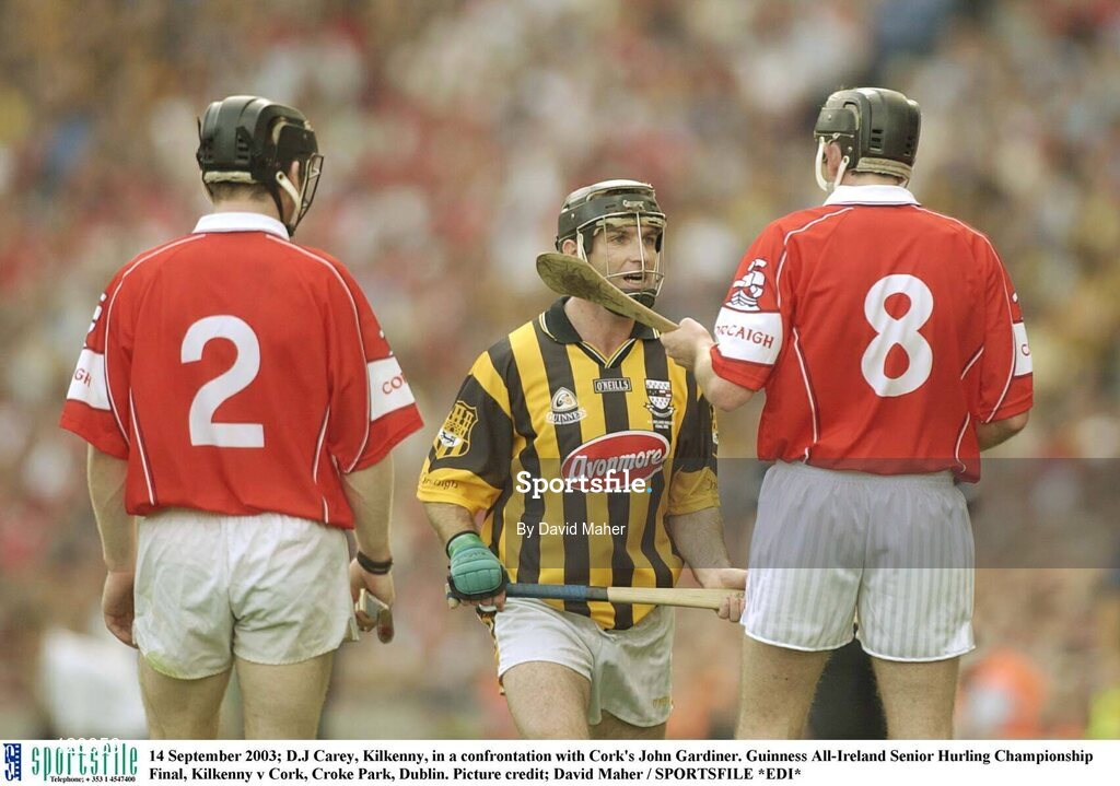 14 September 2003; D.J Carey, Kilkenny, in a confrontation with Cork's John Gardiner. Guinness All-Ireland Senior Hurling Championship Final, Kilkenny v Cork, Croke Park, Dublin. Picture credit; David Maher / SPORTSFILE *EDI*