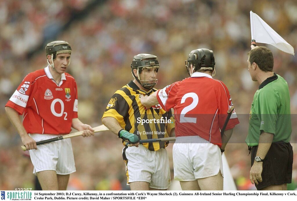 14 September 2003; D.J Carey, Kilkenny, in a confrontation with Cork's Wayne Sherlock (2). Guinness All-Ireland Senior Hurling Championship Final, Kilkenny v Cork, Croke Park, Dublin. Picture credit; David Maher / SPORTSFILE *EDI*