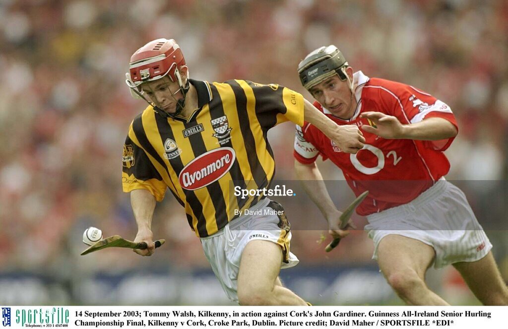 14 September 2003; Tommy Walsh, Kilkenny, in action against Cork's John Gardiner. Guinness All-Ireland Senior Hurling Championship Final, Kilkenny v Cork, Croke Park, Dublin. Picture credit; David Maher / SPORTSFILE *EDI*