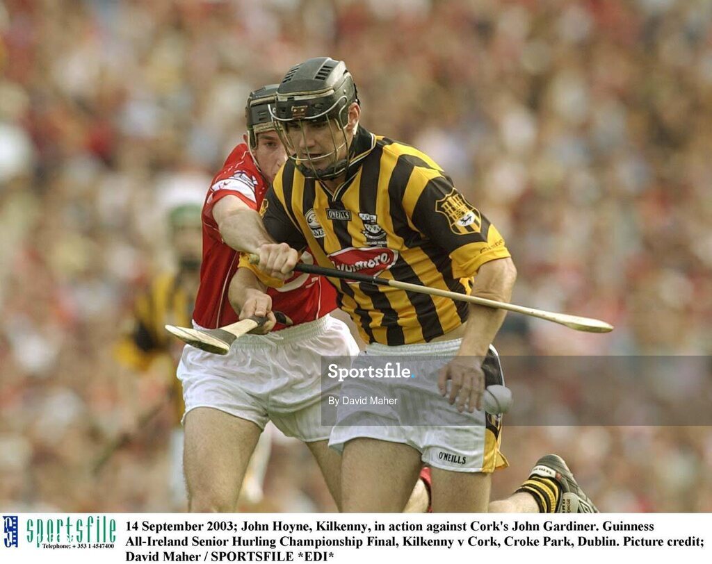 14 September 2003; John Hoyne, Kilkenny, in action against Cork's John Gardiner. Guinness All-Ireland Senior Hurling Championship Final, Kilkenny v Cork, Croke Park, Dublin. Picture credit; David Maher / SPORTSFILE *EDI*