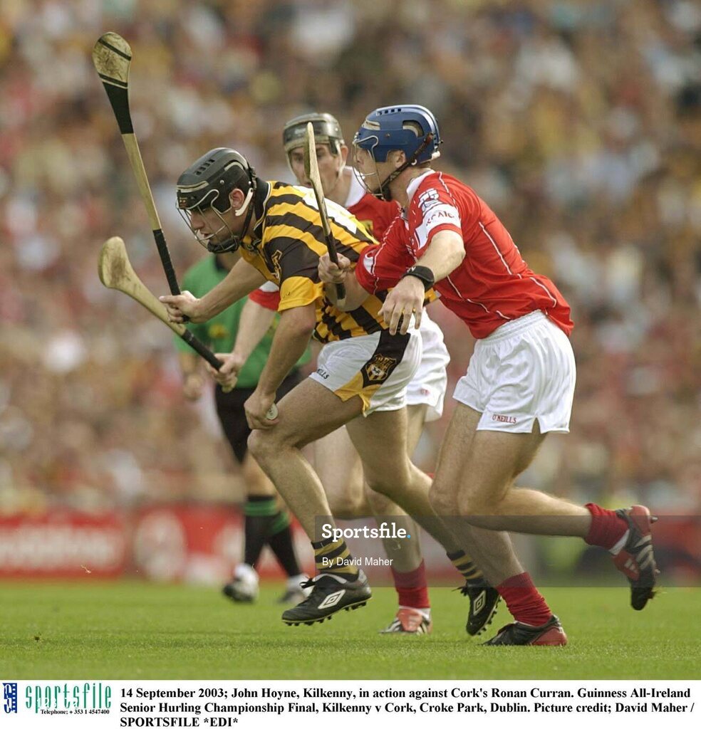 14 September 2003; John Hoyne, Kilkenny, in action against Cork's Ronan Curran. Guinness All-Ireland Senior Hurling Championship Final, Kilkenny v Cork, Croke Park, Dublin. Picture credit; David Maher / SPORTSFILE *EDI*