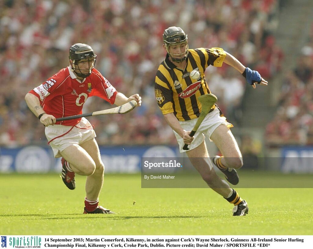 14 September 2003; Martin Comerford, Kilkenny, in action against Cork's Wayne Sherlock. Guinness All-Ireland Senior Hurling Championship Final, Kilkenny v Cork, Croke Park, Dublin. Picture credit; David Maher / SPORTSFILE *EDI*