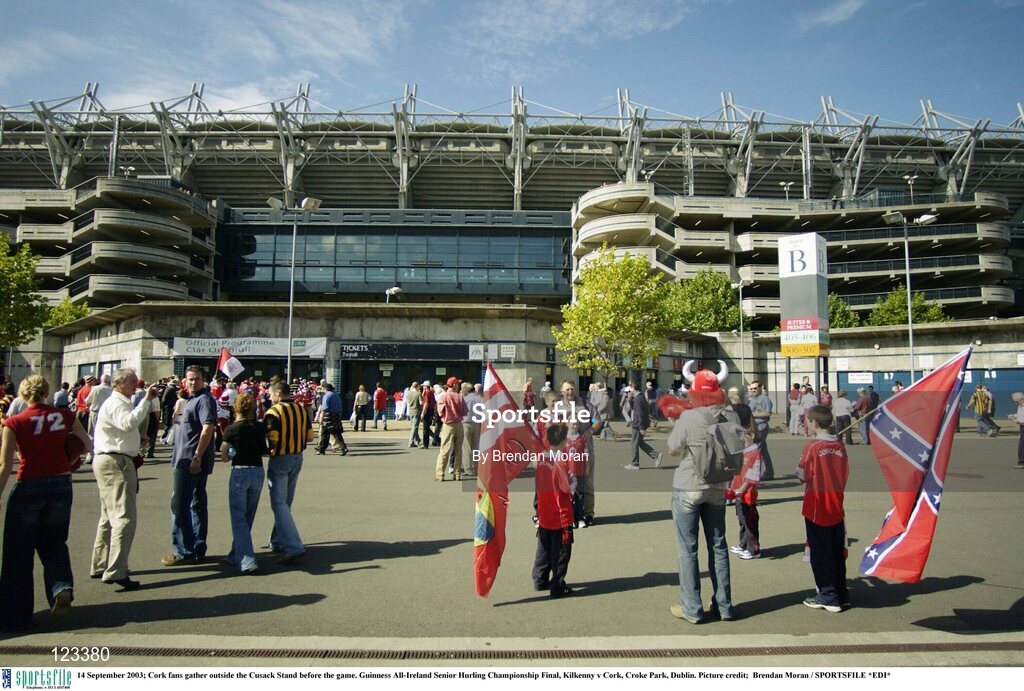 14 September 2003; Cork fans gather outside the Cusack Stand before the game. Guinness All-Ireland Senior Hurling Championship Final, Kilkenny v Cork, Croke Park, Dublin. Picture credit;  Brendan Moran / SPORTSFILE *EDI*