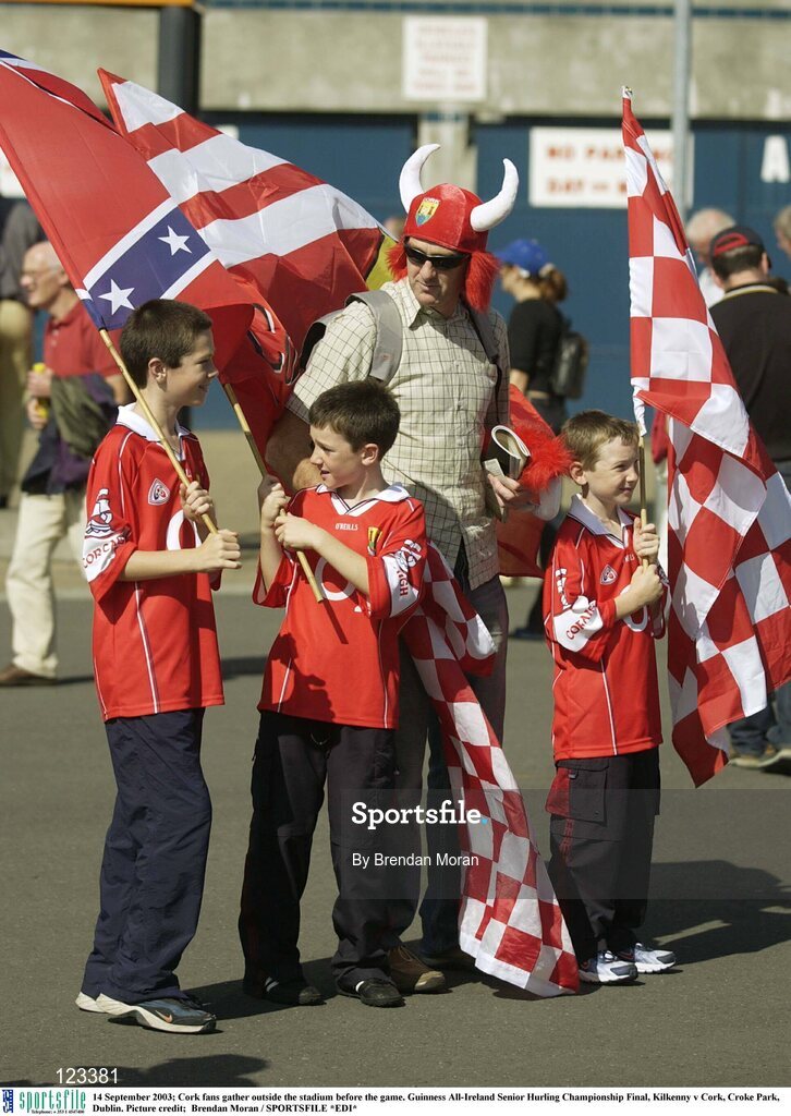 14 September 2003; Cork fans gather outside the stadium before the game. Guinness All-Ireland Senior Hurling Championship Final, Kilkenny v Cork, Croke Park, Dublin. Picture credit;  Brendan Moran / SPORTSFILE *EDI*