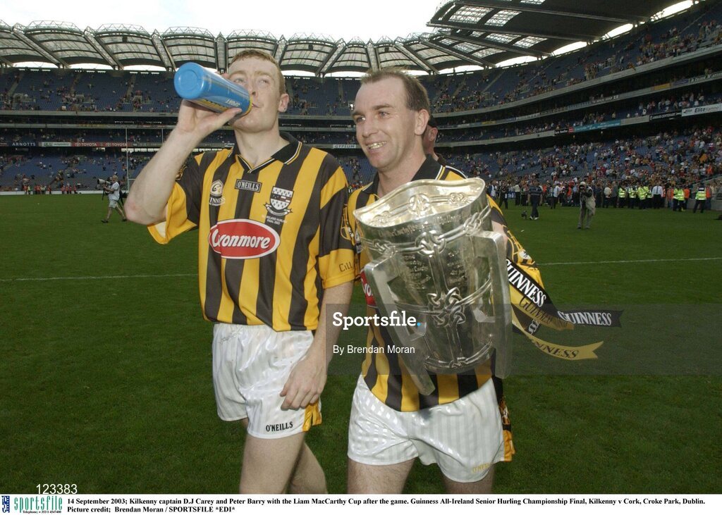 14 September 2003; Kilkenny captain D.J Carey and Peter Barry with the Liam MacCarthy Cup after the game. Guinness All-Ireland Senior Hurling Championship Final, Kilkenny v Cork, Croke Park, Dublin. Picture credit;  Brendan Moran / SPORTSFILE *EDI*