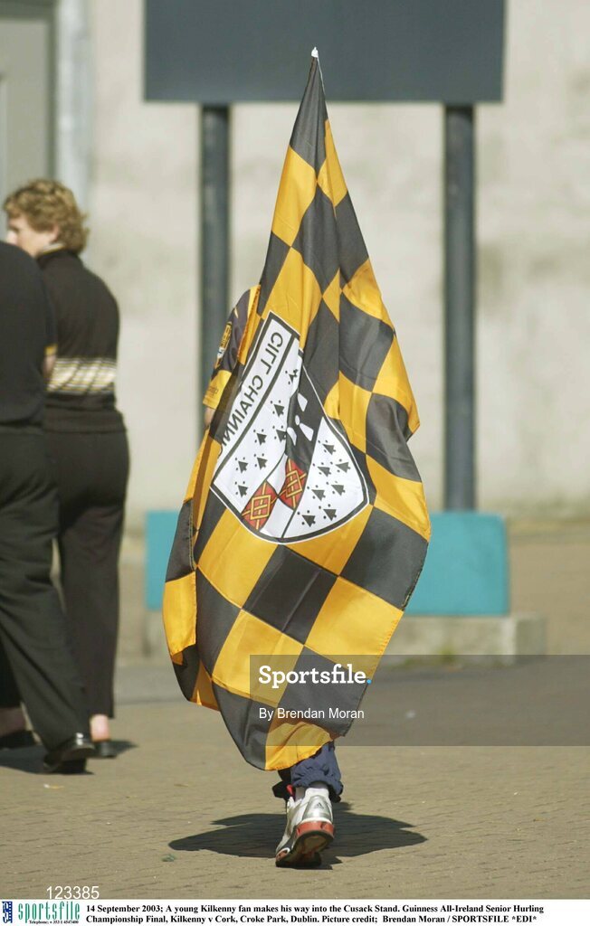 14 September 2003; A young Kilkenny fan makes his way into the Cusack Stand. Guinness All-Ireland Senior Hurling Championship Final, Kilkenny v Cork, Croke Park, Dublin. Picture credit;  Brendan Moran / SPORTSFILE *EDI*