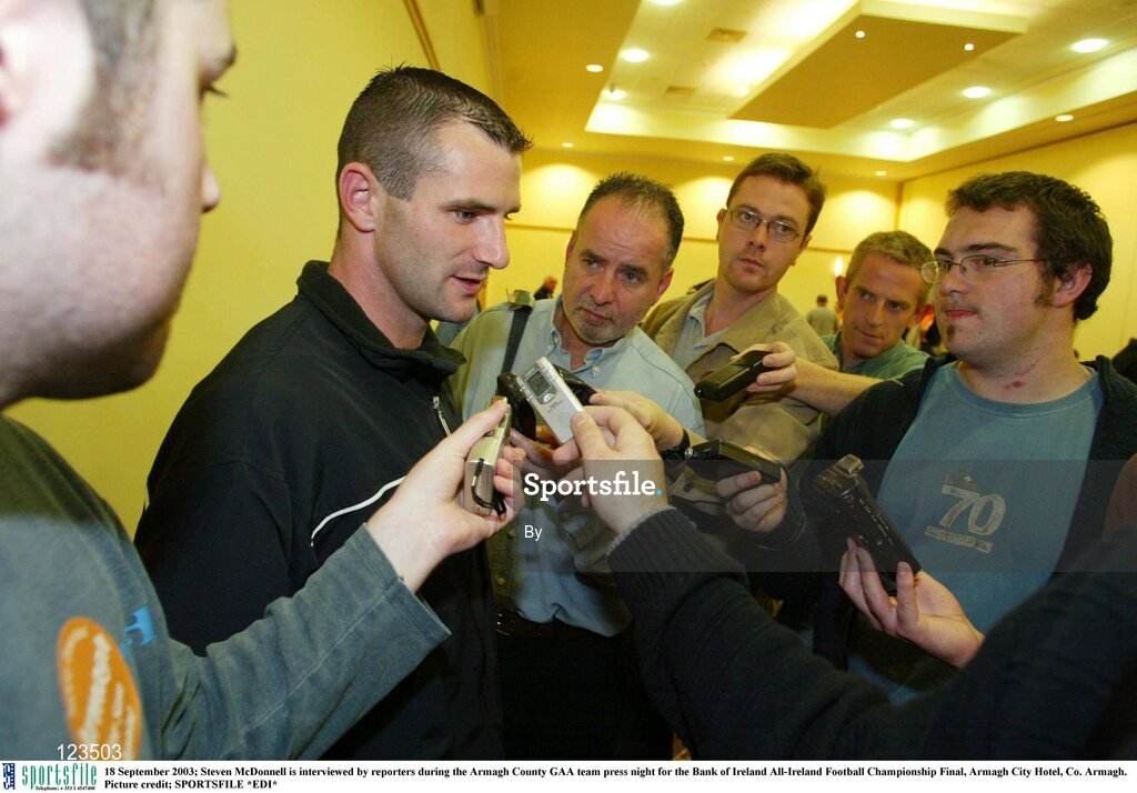 18 September 2003; Steven McDonnell is interviewed by reporters during the Armagh County GAA team press night for the Bank of Ireland All-Ireland Football Championship Final, Armagh City Hotel, Co. Armagh. Picture credit; SPORTSFILE *EDI*