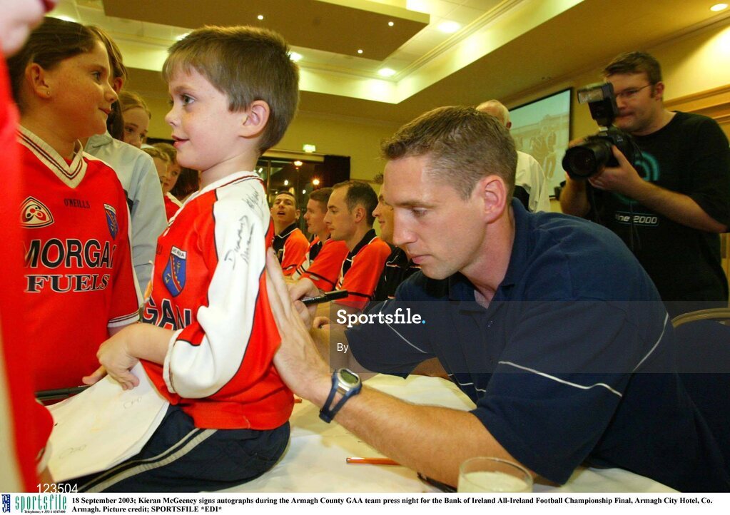 18 September 2003; Kieran McGeeney signs autographs during the Armagh County GAA team press night for the Bank of Ireland All-Ireland Football Championship Final, Armagh City Hotel, Co. Armagh. Picture credit; SPORTSFILE *EDI*