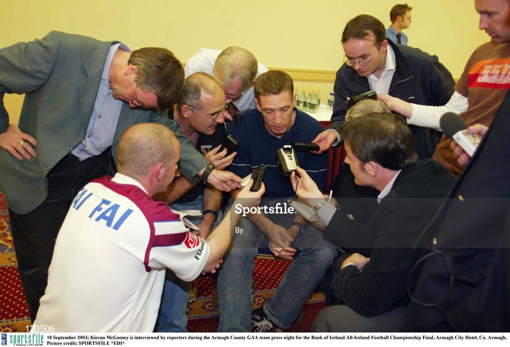 18 September 2003; Kieran McGeeney is interviewed by reporters during the Armagh County GAA team press night for the Bank of Ireland All-Ireland Football Championship Final, Armagh City Hotel, Co. Armagh. Picture credit; SPORTSFILE *EDI*