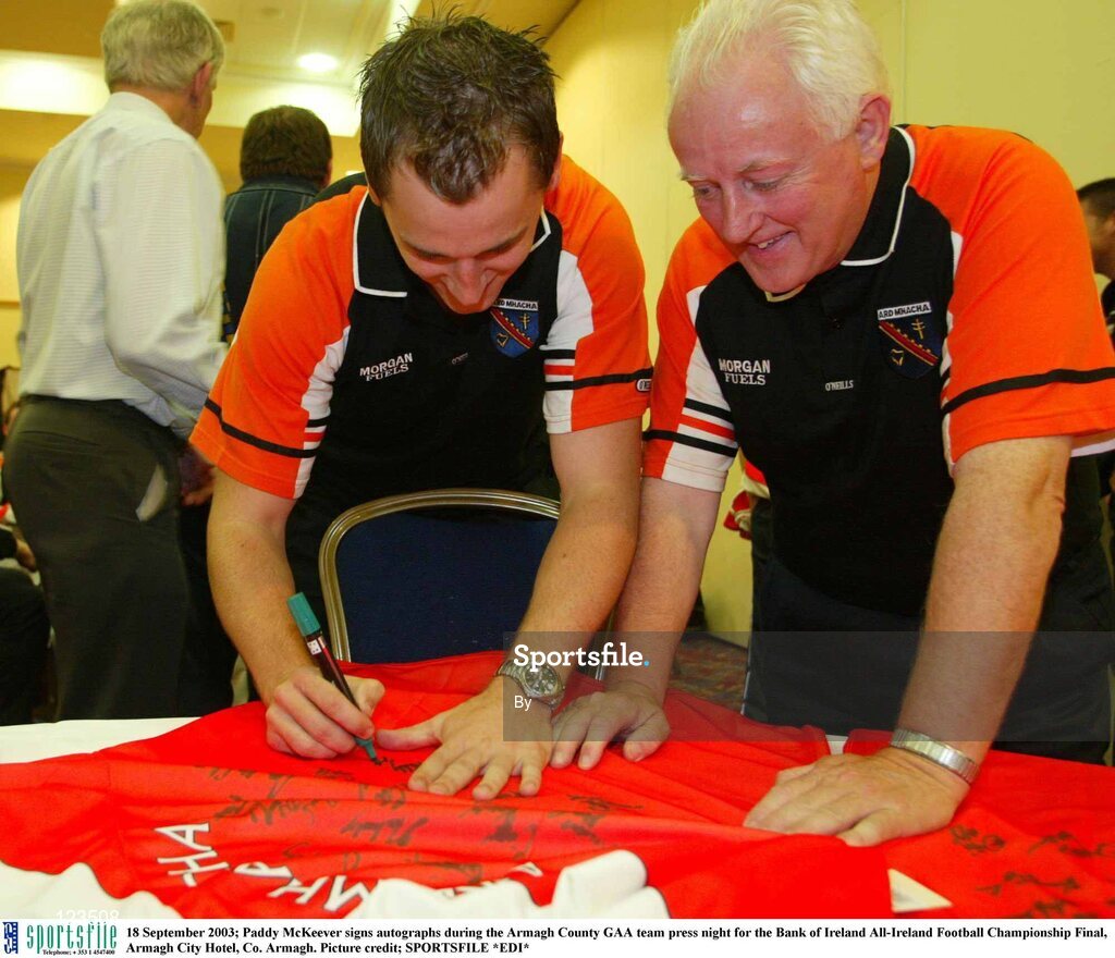 18 September 2003; Paddy McKeever signs autographs during the Armagh County GAA team press night for the Bank of Ireland All-Ireland Football Championship Final, Armagh City Hotel, Co. Armagh. Picture credit; SPORTSFILE *EDI*