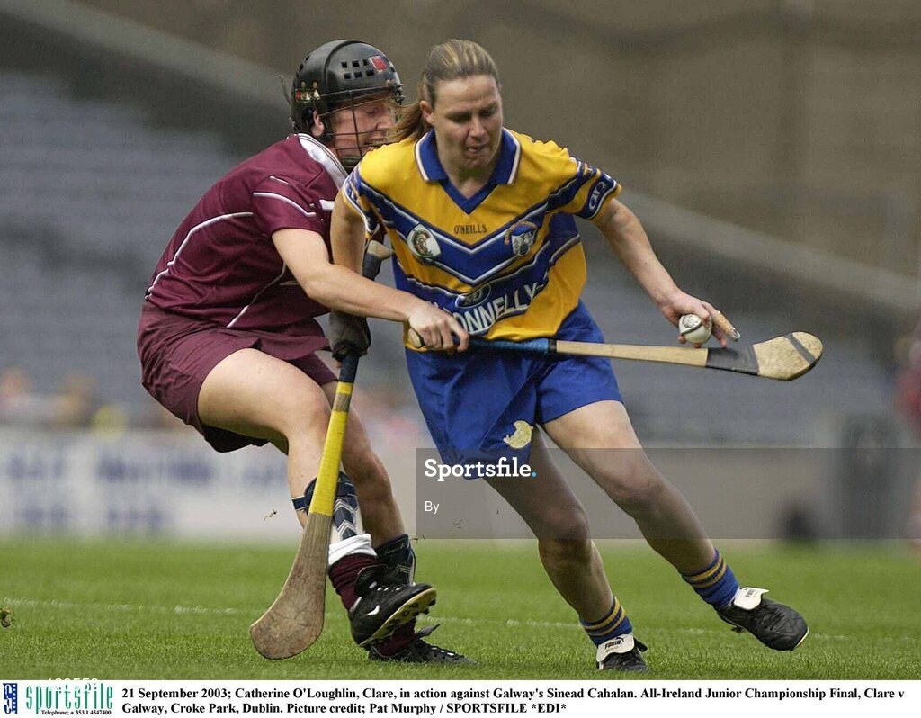 21 September 2003; Catherine O'Loughlin, Clare, in action against Galway's Sinead Cahalan. All-Ireland Junior Championship Final, Clare v Galway, Croke Park, Dublin. Picture credit; Pat Murphy / SPORTSFILE *EDI*