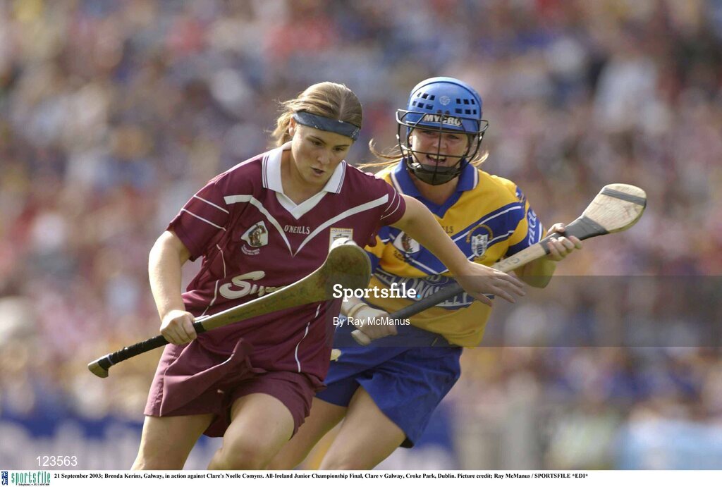 21 September 2003; Brenda Kerins, Galway, in action against Clare's Noelle Comyns. All-Ireland Junior Championship Final, Clare v Galway, Croke Park, Dublin. Picture credit; Ray McManus / SPORTSFILE *EDI*