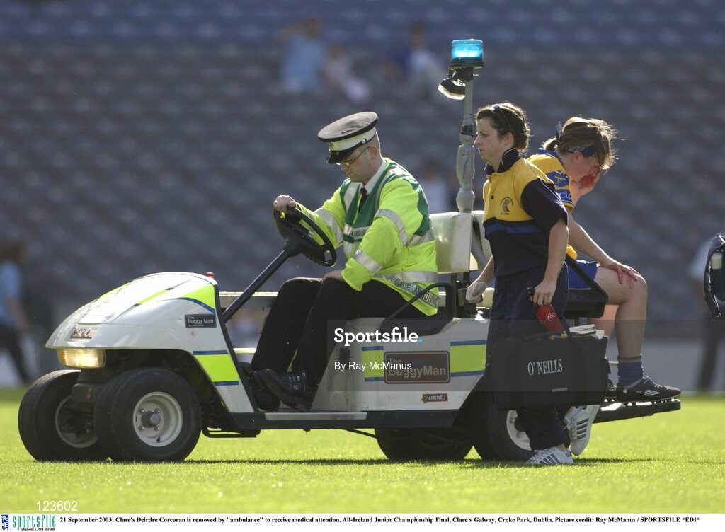 21 September 2003; Clare's Deirdre Corcoran is removed by "ambulance" to receive medical attention. All-Ireland Junior Championship Final, Clare v Galway, Croke Park, Dublin. Picture credit; Ray McManus / SPORTSFILE *EDI*