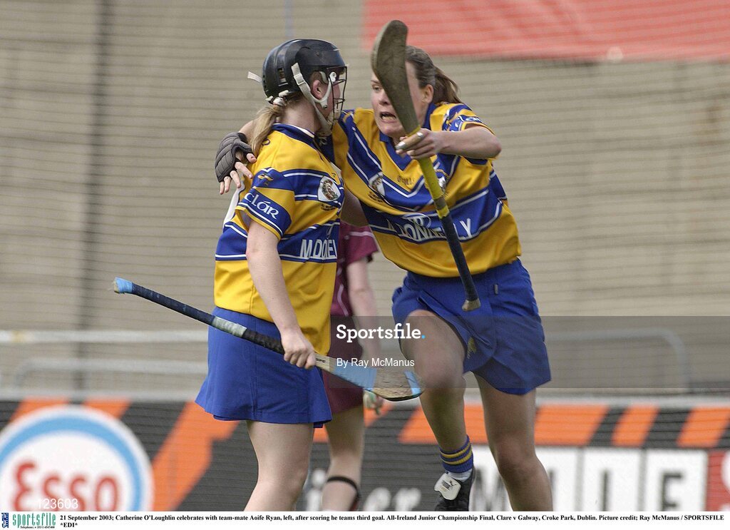 21 September 2003; Catherine O'Loughlin celebrates with team-mate Aoife Ryan, left, after scoring he teams third goal. All-Ireland Junior Championship Final, Clare v Galway, Croke Park, Dublin. Picture credit; Ray McManus / SPORTSFILE *EDI*