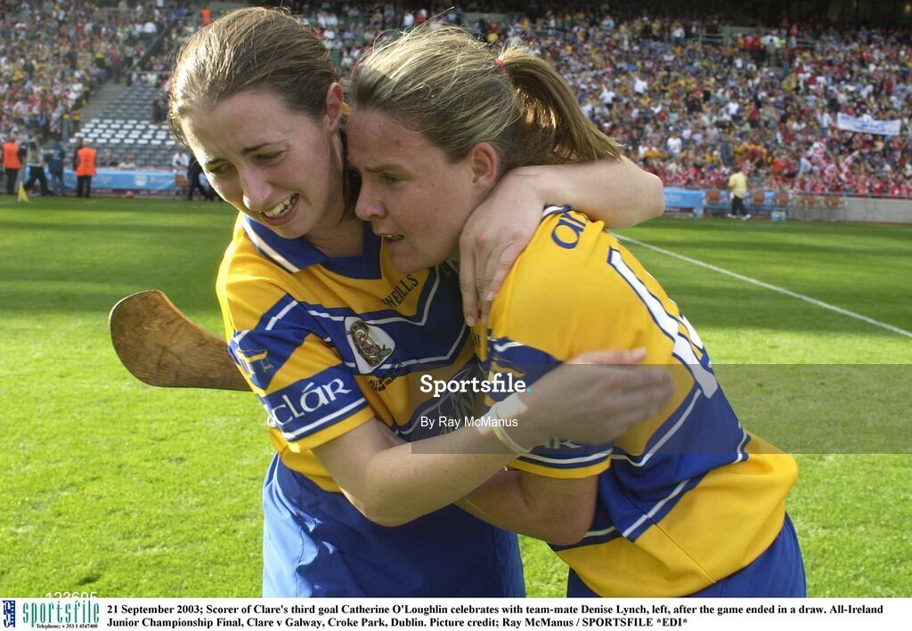 21 September 2003; Scorer of Clare's third goal Catherine O'Loughlin celebrates with team-mate Denise Lynch, left, after the game ended in a draw. All-Ireland Junior Championship Final, Clare v Galway, Croke Park, Dublin. Picture credit; Ray McManus / SPORTSFILE *EDI*