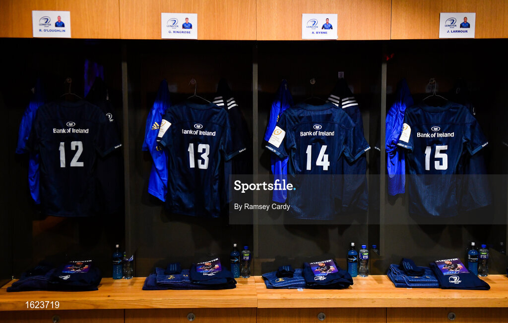 15 December 2018; Jerseys hang in the Leinster dressing room ahead of the Heineken Champions Cup Pool 1 Round 4 match between Leinster and Bath at the Aviva Stadium in Dublin. Photo by Ramsey Cardy/Sportsfile