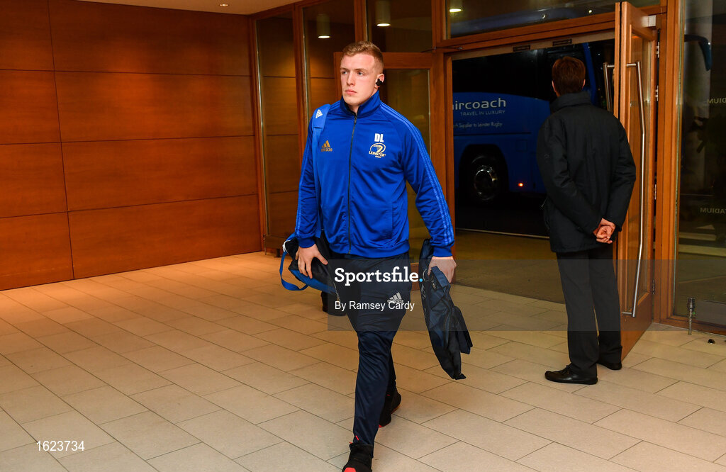 15 December 2018; Dan Leavy of Leinster arrives ahead of the Heineken Champions Cup Pool 1 Round 4 match between Leinster and Bath at the Aviva Stadium in Dublin. Photo by Ramsey Cardy/Sportsfile