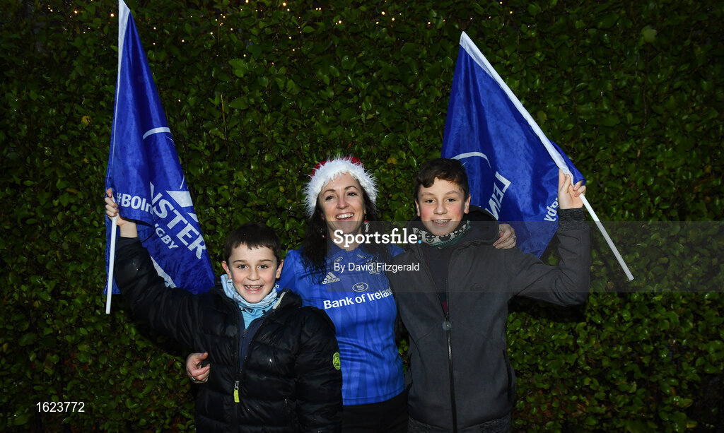 15 December 2018; Leinster supporters Susan Farrell, centre, with her sons, Sam, aged 11, left, and Ben, aged 13, from Greystones, Wicklow prior to the Heineken Champions Cup Pool 1 Round 4 match between Leinster and Bath at the Aviva Stadium in Dublin. Photo by David Fitzgerald/Sportsfile