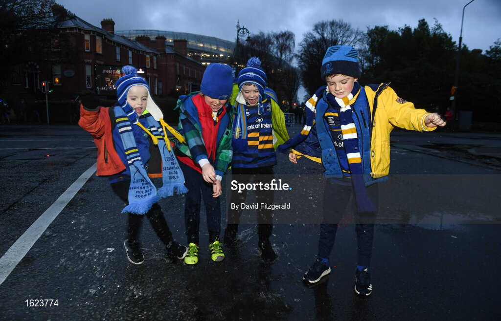 15 December 2018; Leinster supporters, from left, Jack Doyle, age 6, Peter Murphy, Bill Doyle, both aged 8, and Austin Murphy, age 6, from Blessington, County Wicklow, prior to the Heineken Champions Cup Pool 1 Round 4 match between Leinster and Bath at the Aviva Stadium in Dublin. Photo by David Fitzgerald/Sportsfile