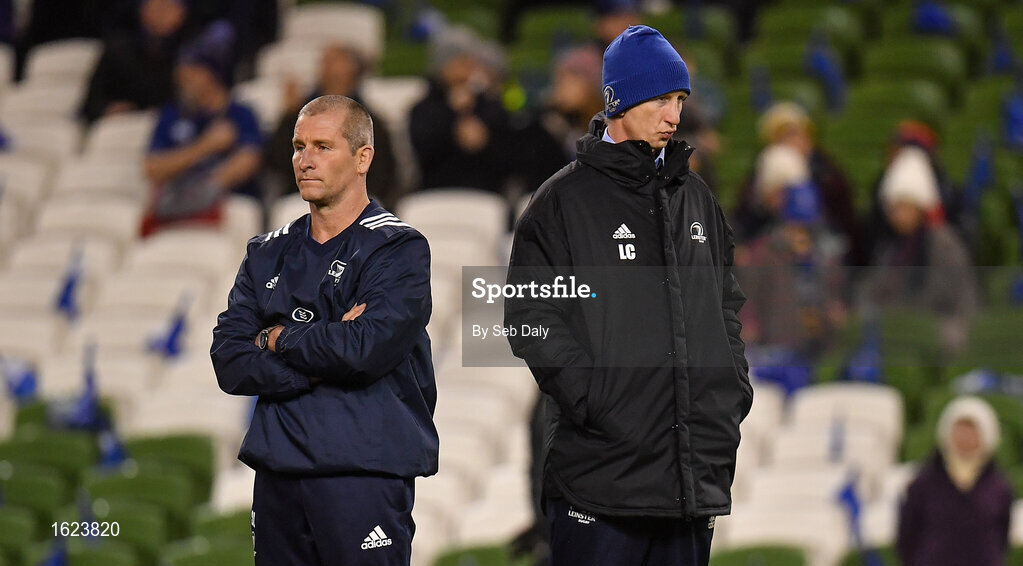 15 December 2018; Leinster senior coach Stuart Lancaster, left and head coach Leo Cullen, prior to the Heineken Champions Cup Pool 1 Round 4 match between Leinster and Bath at the Aviva Stadium in Dublin. Photo by Seb Daly/Sportsfile