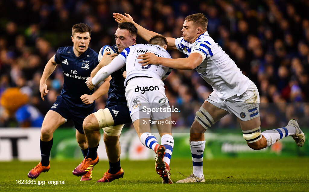 15 December 2018; Jack Conan of Leinster is tackled by Will Chudley, left, and Sam Underhill of Bath during the Heineken Champions Cup Pool 1 Round 4 match between Leinster and Bath at the Aviva Stadium in Dublin. Photo by Ramsey Cardy/Sportsfile