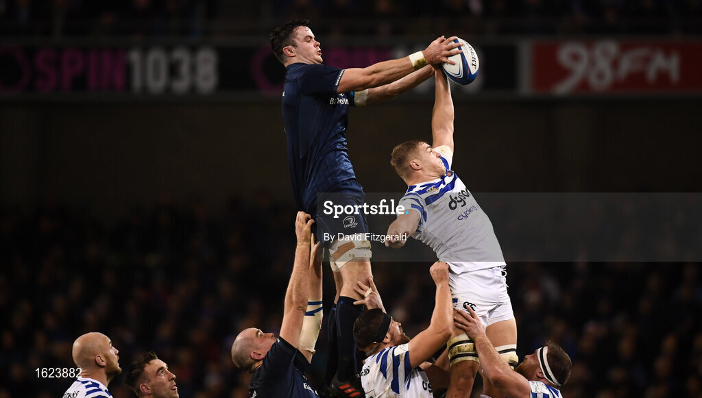 15 December 2018; Tom Ellis of Bath and James Ryan of Leinster compete for a line-out ball during the Heineken Champions Cup Pool 1 Round 4 match between Leinster and Bath at the Aviva Stadium in Dublin. Photo by David Fitzgerald/Sportsfile