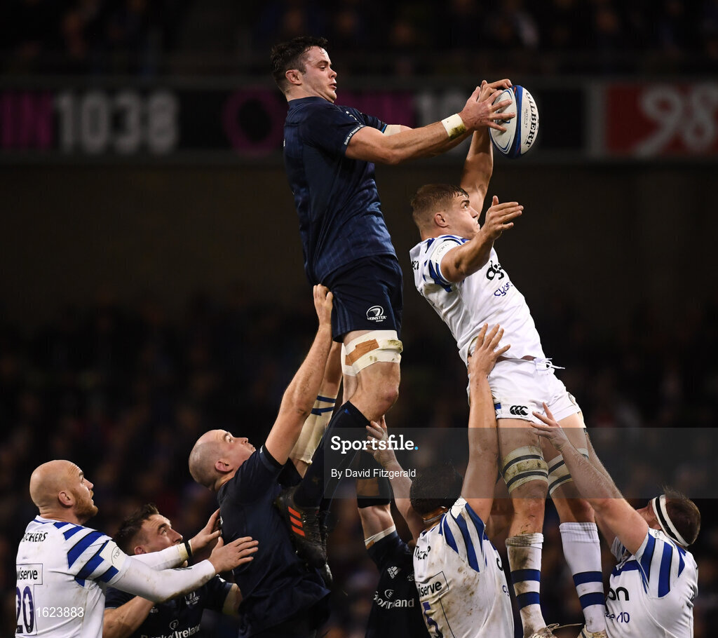 15 December 2018; Tom Ellis of Bath and James Ryan of Leinster compete for a line-out ball during the Heineken Champions Cup Pool 1 Round 4 match between Leinster and Bath at the Aviva Stadium in Dublin. Photo by David Fitzgerald/Sportsfile
