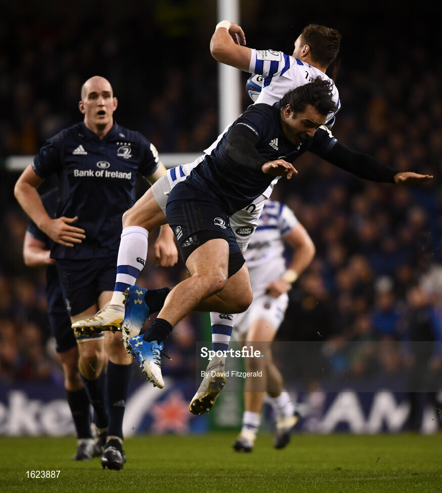 15 December 2018; James Wilson of Bath and James Lowe of Leinster compete for a high ball during the Heineken Champions Cup Pool 1 Round 4 match between Leinster and Bath at the Aviva Stadium in Dublin. Photo by David Fitzgerald/Sportsfile