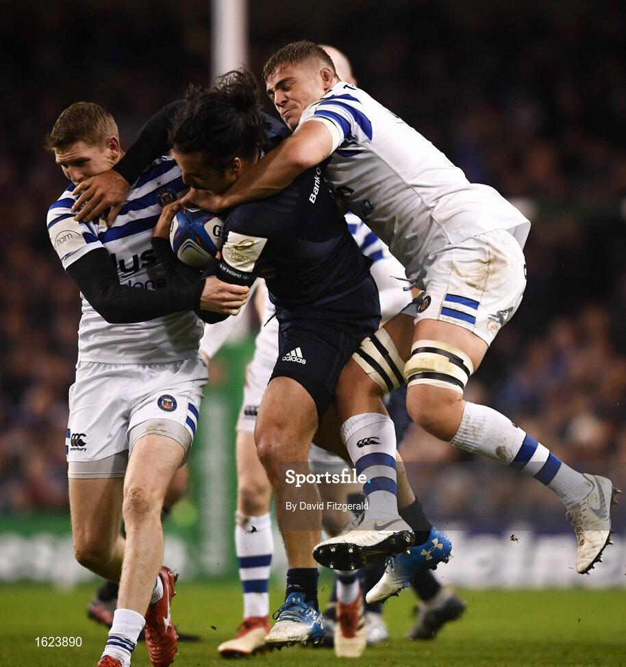 15 December 2018; James Lowe of Leinster is tackled by Will Chudley, left, and Tom Ellis of Bath during the Heineken Champions Cup Pool 1 Round 4 match between Leinster and Bath at the Aviva Stadium in Dublin. Photo by David Fitzgerald/Sportsfile