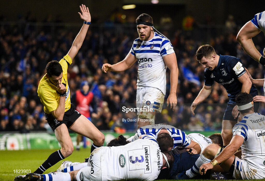 15 December 2018; James Lowe of Leinster, hidden, scores his side's third try during the Heineken Champions Cup Pool 1 Round 4 match between Leinster and Bath at the Aviva Stadium in Dublin. Photo by David Fitzgerald/Sportsfile
