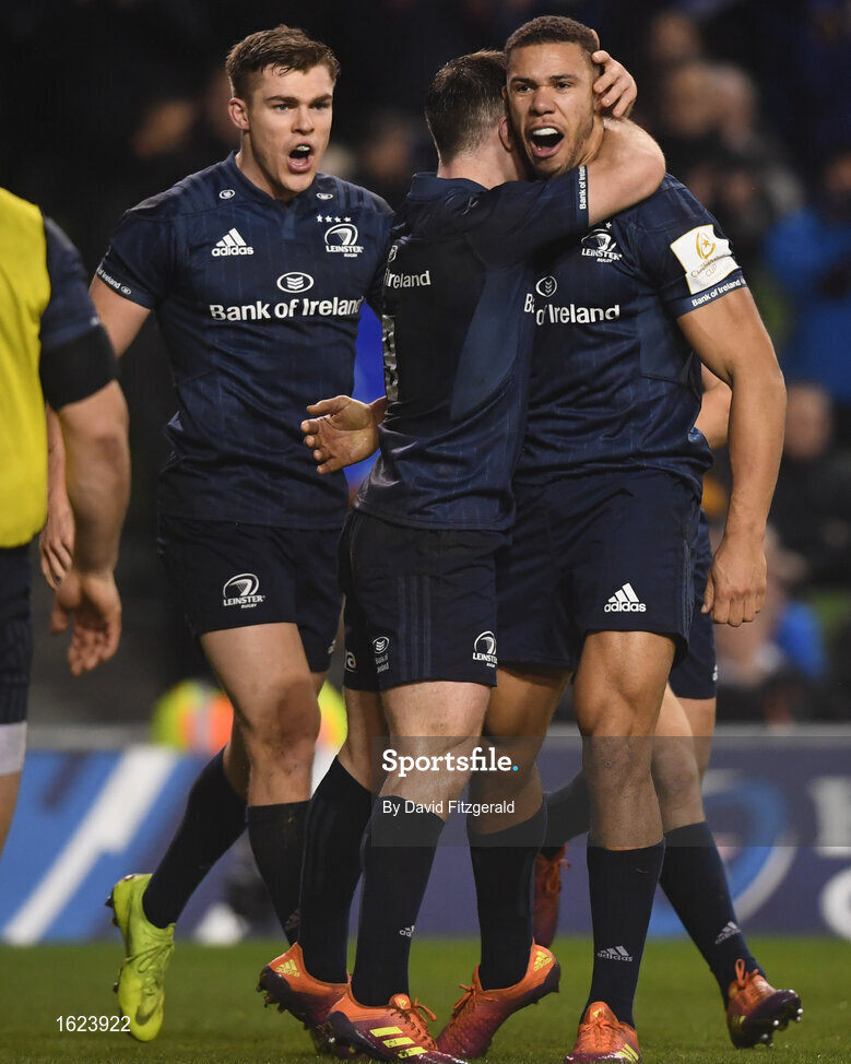 15 December 2018; Adam Byrne of Leinster, right, is congratulated by Luke McGrath and Garry Ringrose after scoring his side's fourth try during the Heineken Champions Cup Pool 1 Round 4 match between Leinster and Bath at the Aviva Stadium in Dublin. Photo by David Fitzgerald/Sportsfile